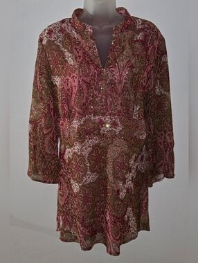 Misty&Max Tunic Tie In Back Lined Sequins And Beads Sz Large Long Sheer Sleeves